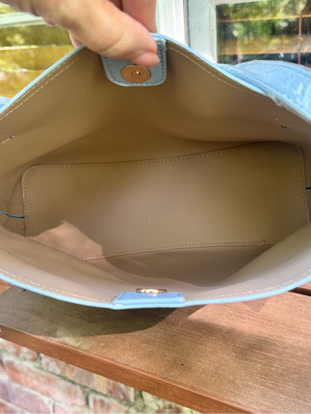 Ello Ice Blue Vegan Leather Bucket Shoulder Bag w/ Belt Detail & Pouch - Picture 12 of 17